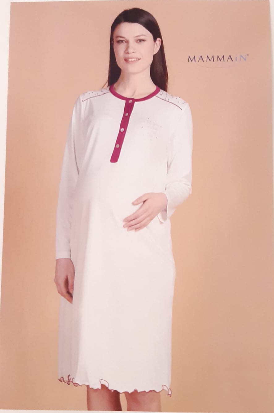 Camicia da notte MAMMAIN gestante con 4 bottoni, un prodotto di alta qualità in caldo cotone e forme prettamente giovanili, per una mamma giovane che rispetta la tradizione ma allo stesso tempo da un tocco di moda e raffinatezza disponibile panna con riporti blu