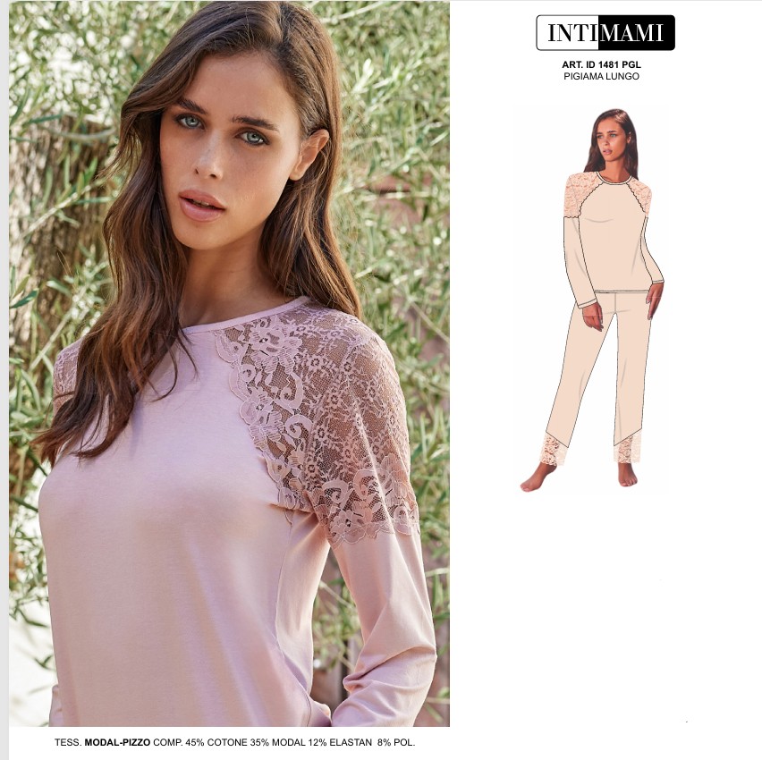 Pigiama donna INTIMAMI in cotone jersey freschissimo, maglia manica lunga e pantalone lungo capo di estrema qualità grazie alla continua cura, ricerca ed innovazione. Disponibile in due varianti di colore. nota bene i riporti in pizzo