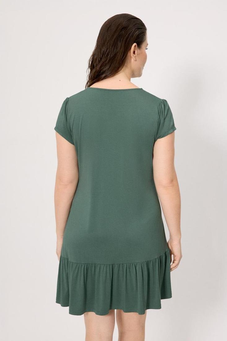 Abito YSABEL MORA estivo da donna a maniche corte, color verde scuro. Modello corto, lungo fino al ginocchio, realizzato in viscosa, un tessuto morbido, fresco e leggero, ideale per l'estate.