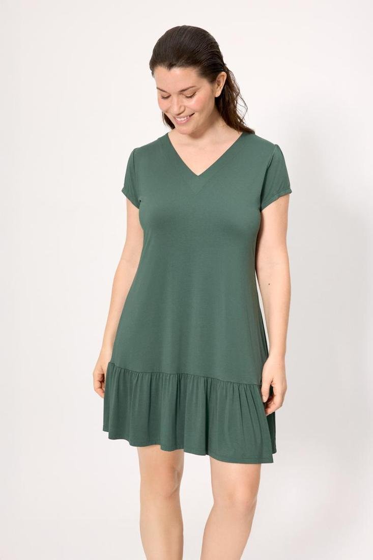 Abito YSABEL MORA estivo da donna a maniche corte, color verde scuro. Modello corto, lungo fino al ginocchio, realizzato in viscosa, un tessuto morbido, fresco e leggero, ideale per l'estate.