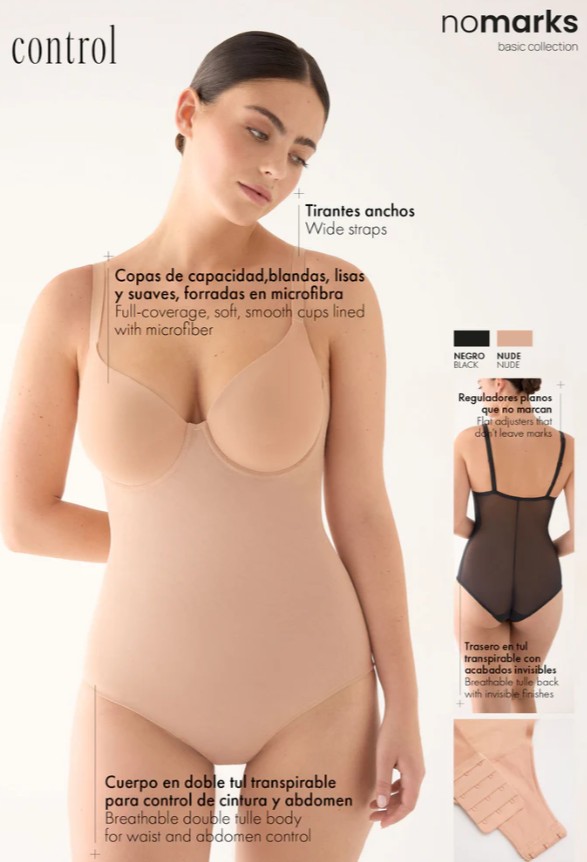 Body YSABEL MORA, linea nomarks control unisce tecnologia ed efficienza per rimodellare la tua silhouette in modo naturale. Disponibile in coppa C e D. Controllo mirato: Corpetto in doppio tulle traspirante che definisce comodamente vita e addome. Invisibilità a 360°: Schiena invisibile senza chiusura e finiture termofissate che snelliscono la figura. Dettagli extra: Spalline larghe per un maggiore sostegno e coppe morbide e avvolgenti.