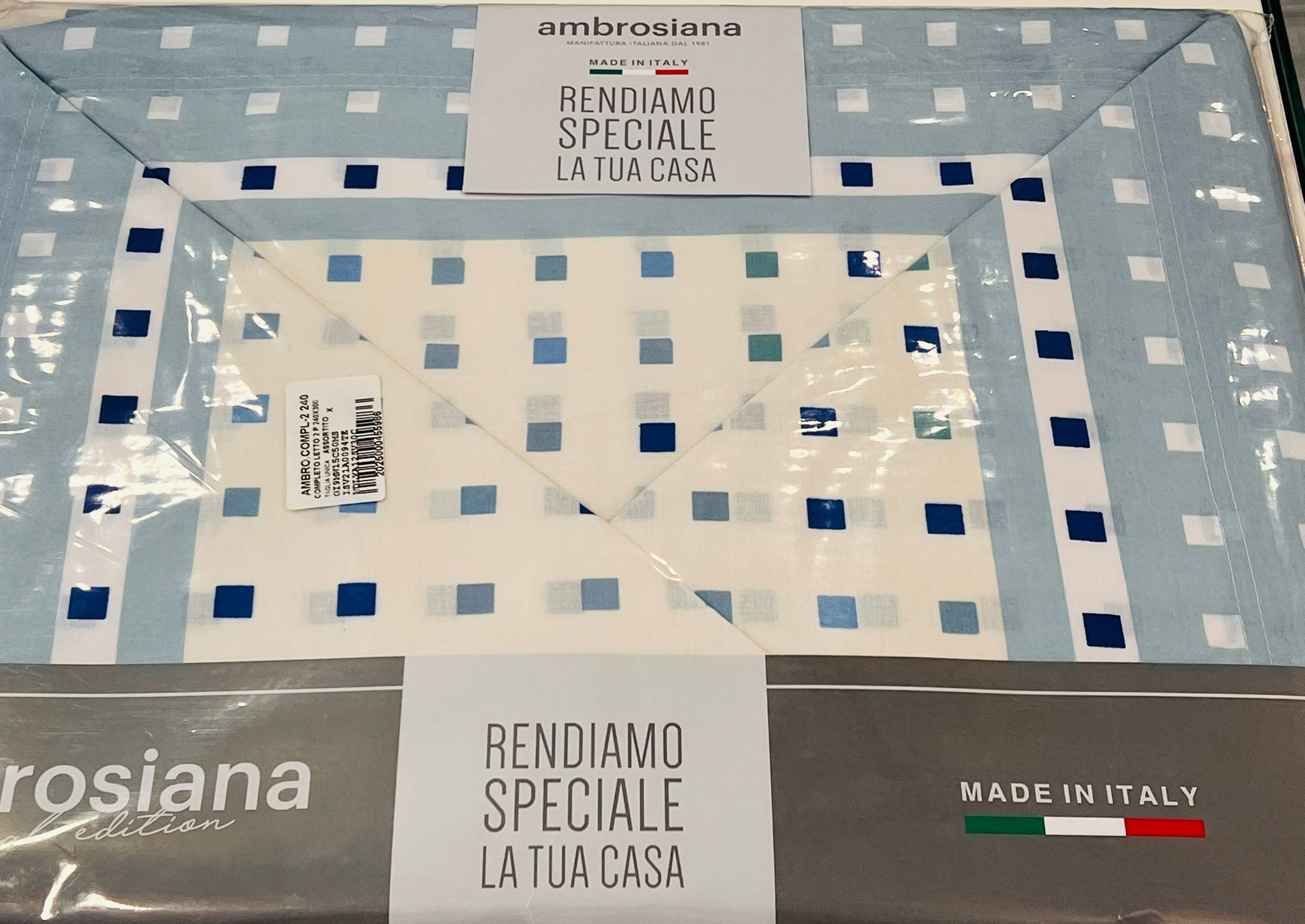 Completo lenzuola letto matrimoniale AMBROSIANA, una delle migliori linee presenti, tessuto 100% cotone freschissimo made in italy misure matrimoniale: lenzuolo sopra 240×290 lenzuolo sotto 180×195 con angoli 25cm 2 fodere 52×82