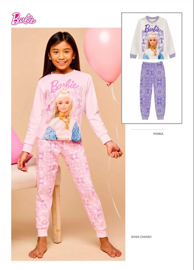 Pigiama bimba BARBIE in caldo cotone, tessuti invernali non molto pesanti un marchio che produce in primis qualità, grazie alla sua continua innovazione, prodotto 100% anallergico e composto da fibre naturali, capo consigliato per chi vuole il meglio